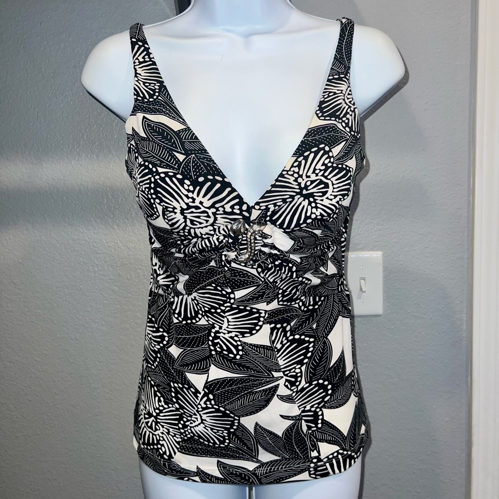 Cache Floral Black and White Fitted Ruched Tank Top - 1J